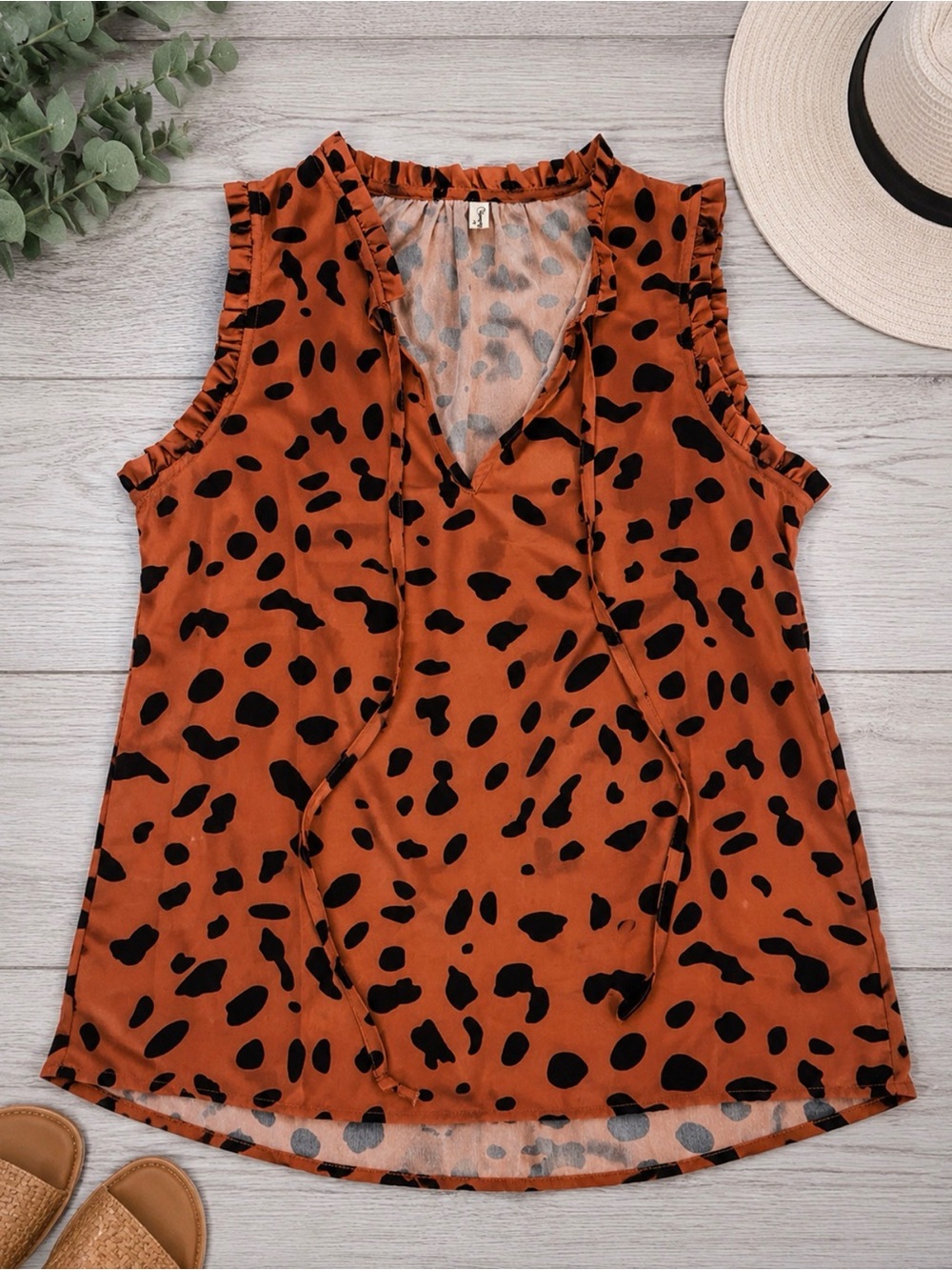 Animal Print Ruffle Sleeveless Blouse | Size: Medium